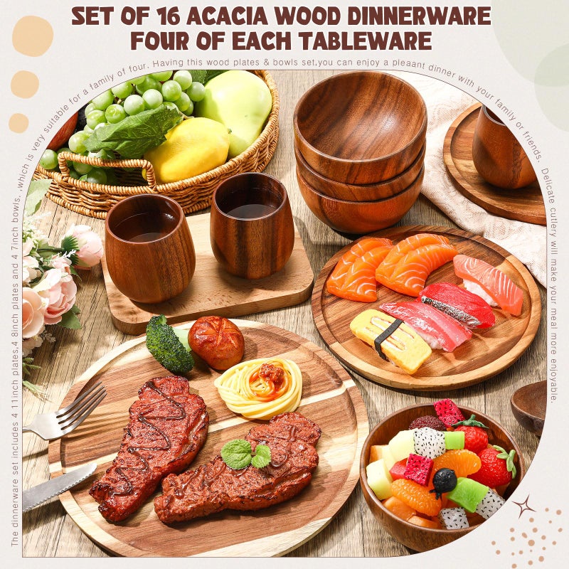 Maxdot 16 Pcs Acacia Wood Dinnerware Set, Round Wooden Plates,Solid Wooden Bowls and Tea Cups, Acacia Wood Tableware Supplies, Easy Cleaning & Lightweight for Dishes Snack, Dessert, Set for 4 - Image 2