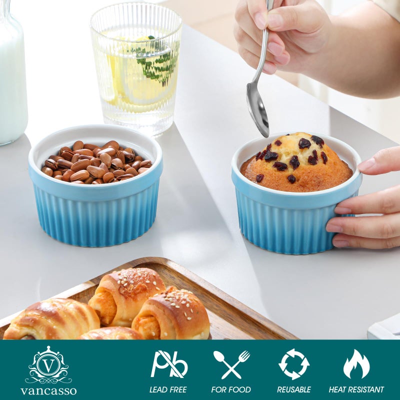 vancasso 8 oz Ramekins with Lid, Porcelain Creme Brulee Souffle Dishes, Blue Pudding Custard Cups Ramiken for Baking, Dishwasher and Oven Safe, Set of 6 - Image 3