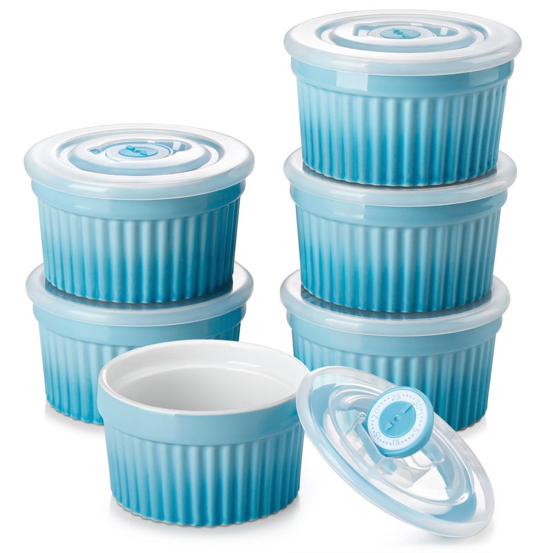 vancasso 8 oz Ramekins with Lid, Porcelain Creme Brulee Souffle Dishes, Blue Pudding Custard Cups Ramiken for Baking, Dishwasher and Oven Safe, Set of 6 - Image 1