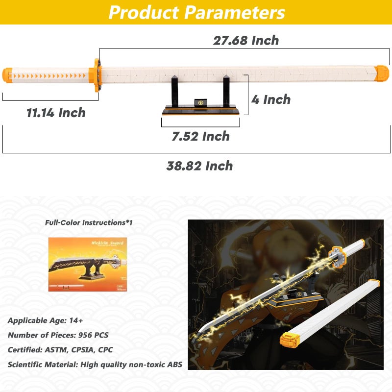 HIGH GODO Zenitsu Sword Building Set, 38.8in Demon Sword Set with Scabbard and Stand, Cosplay Anime Samurai Sword, Handmade Katana Sword for Adults Teens 14+ (956 Pieces) - Image 4