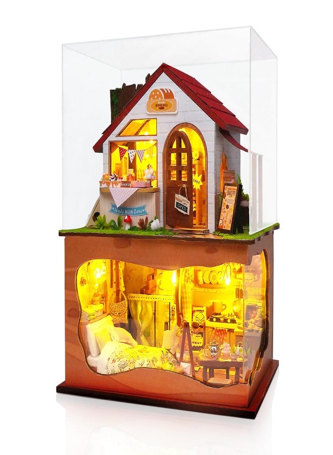 Foyucool Miniature House Kit, DIY Dollhouse Kits with Lights and Dust Cover, The for Family & Friends, Creative Craft Kit with Two-Story Bakery & Forest Basement - Image 1