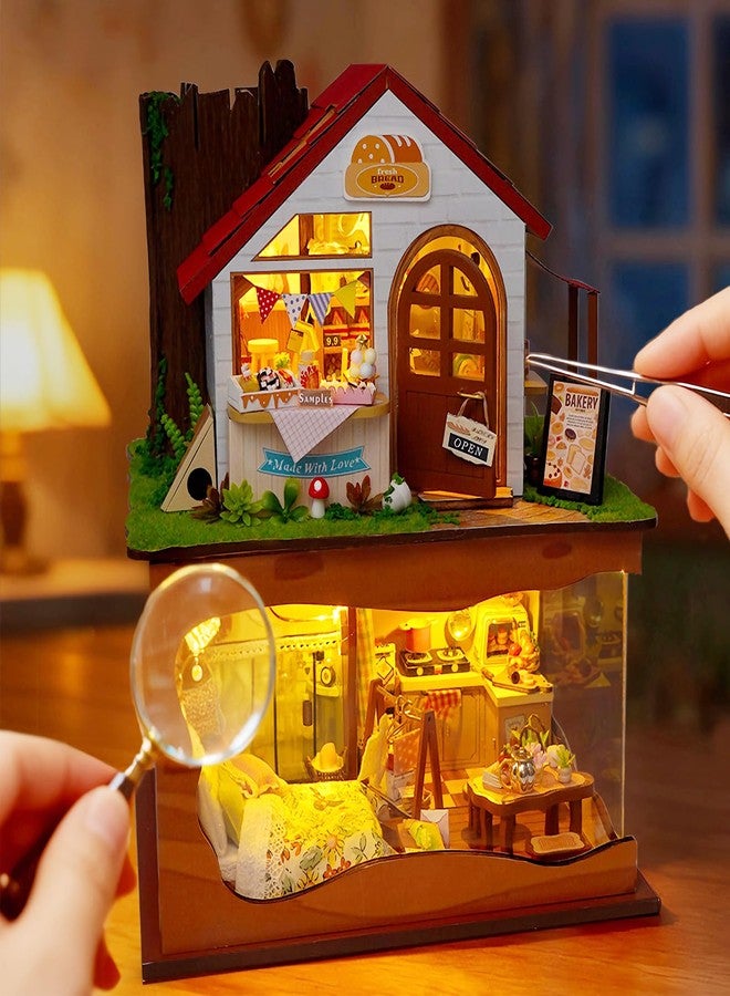 Foyucool Miniature House Kit, DIY Dollhouse Kits with Lights and Dust Cover, The for Family & Friends, Creative Craft Kit with Two-Story Bakery & Forest Basement - Image 5