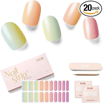 NAILOG Semi Cured Gel Nail Strips Glossy Long Lasting Soft Gel Finish 20 Extra Long Stickers WrapsDazzling Rainbow - Image 1