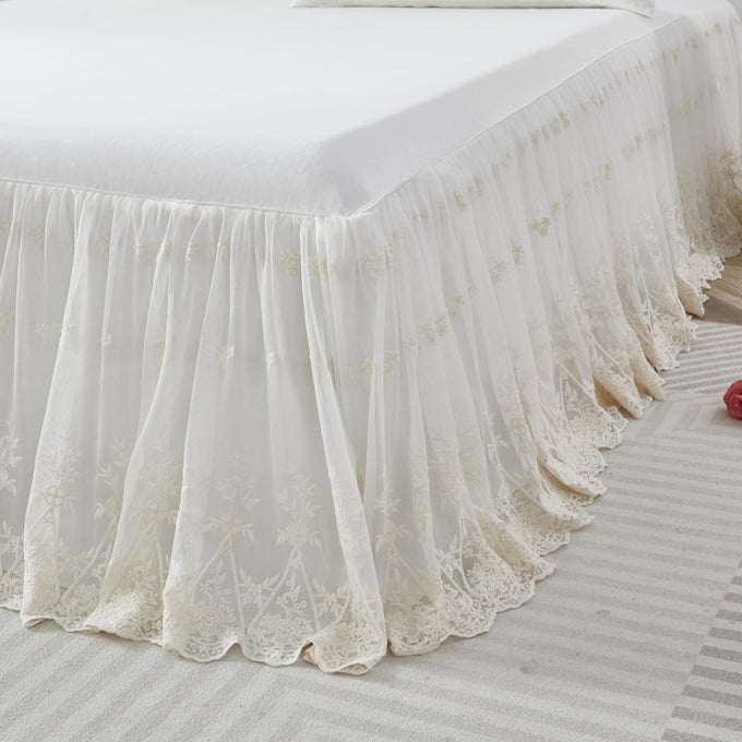 LUXURY IVORY WHITE LACE BED SKIRT QUEEN SIZE SPLIT CORNERS ROMANTIC VINTAGE GIRLS BED COVER DUST RUFFLE BED SKIRTS 18 INCH DROP