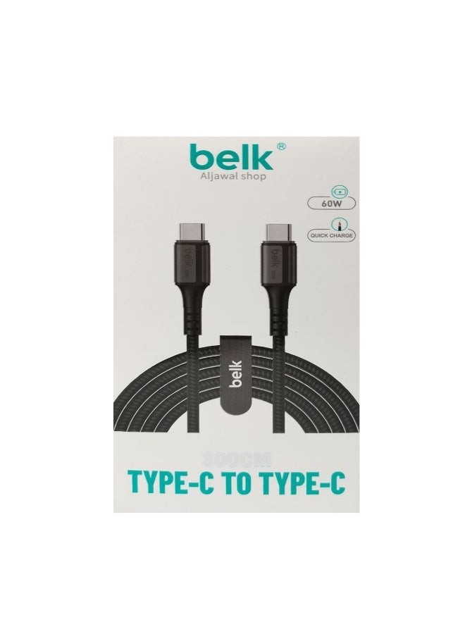 بيلك كابل Belk 60 واط من النوع C إلى النوع C، بطول 3 أمتار، مزود بتقنية توصيل الطاقة (PD) والشحن السريع، ومزامنة بيانات بسرعة 480 ميجابت في الثانية، سلك مضفر من النايلون المتين، متوافق مع الهواتف الذكية والأجهزة اللوحية والأجهزة الأخرى بمنفذ USB C - BL-513 - Image 1