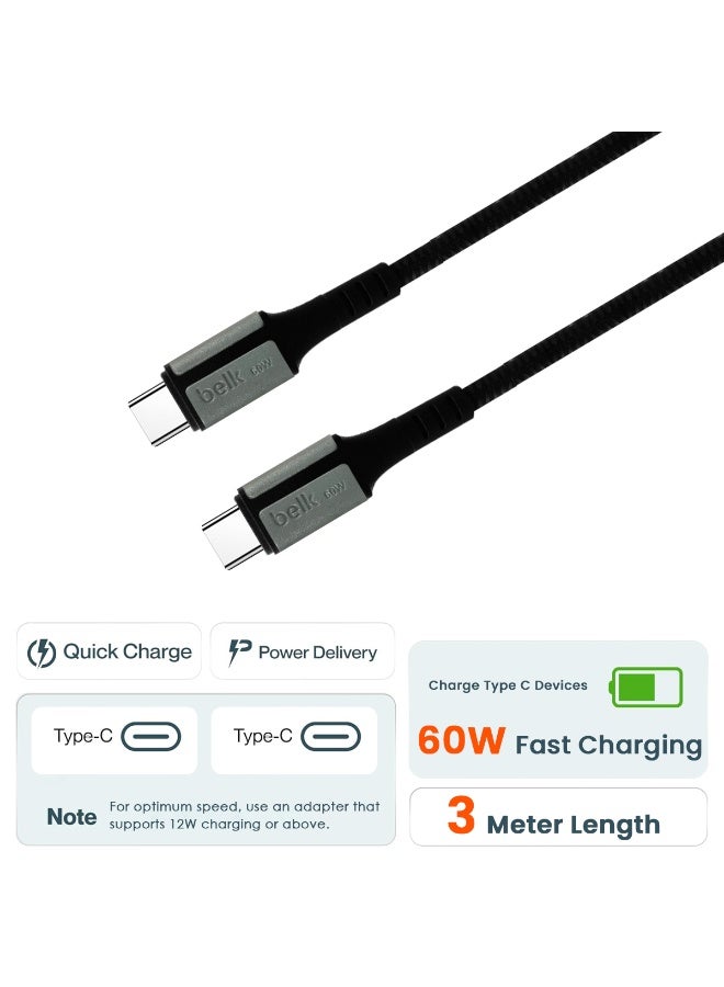 بيلك كابل Belk 60 واط من النوع C إلى النوع C، بطول 3 أمتار، مزود بتقنية توصيل الطاقة (PD) والشحن السريع، ومزامنة بيانات بسرعة 480 ميجابت في الثانية، سلك مضفر من النايلون المتين، متوافق مع الهواتف الذكية والأجهزة اللوحية والأجهزة الأخرى بمنفذ USB C - BL-513 - Image 3