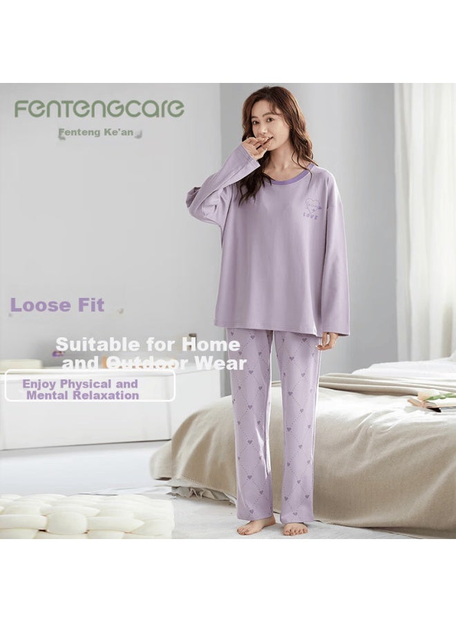 Fentengcare Women's Cotton Long Sleeve Pullover Round Neck Pajama Set Spring Autumn Casual Homewear Two-piece Lounge Wear Qh - Image 2