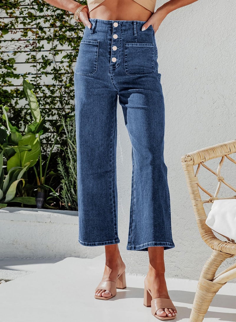 Sidefeel Women's High Waisted Jeans Wide Leg Stretchy Zimbaplatinum Straight Leg Jeans Buttoned Loose Denim Pants with Pocket Blue Size 8 - Image 2