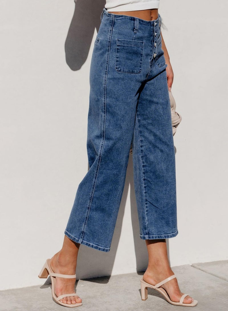 Sidefeel Women's High Waisted Jeans Wide Leg Stretchy Zimbaplatinum Straight Leg Jeans Buttoned Loose Denim Pants with Pocket Blue Size 8 - Image 5