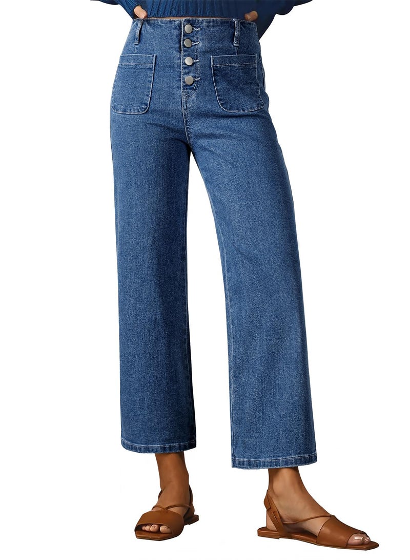 Sidefeel Women's High Waisted Jeans Wide Leg Stretchy Zimbaplatinum Straight Leg Jeans Buttoned Loose Denim Pants with Pocket Blue Size 8 - Image 1