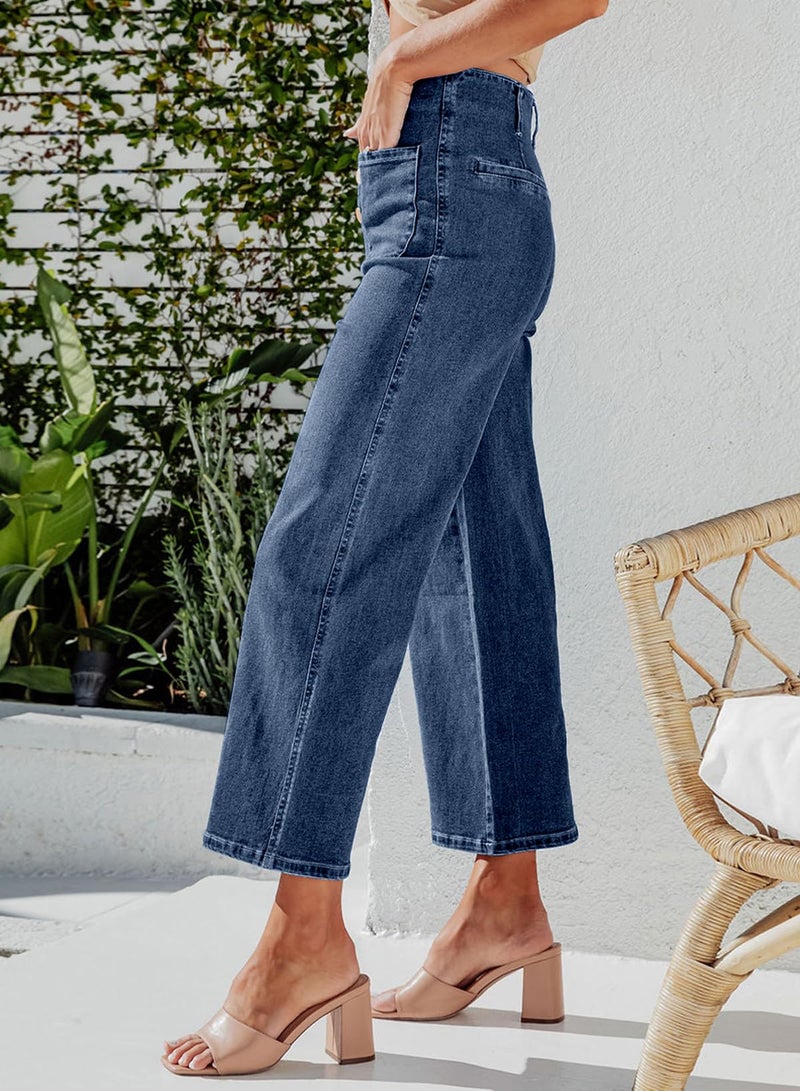 Sidefeel Women's High Waisted Jeans Wide Leg Stretchy Zimbaplatinum Straight Leg Jeans Buttoned Loose Denim Pants with Pocket Blue Size 8 - Image 4