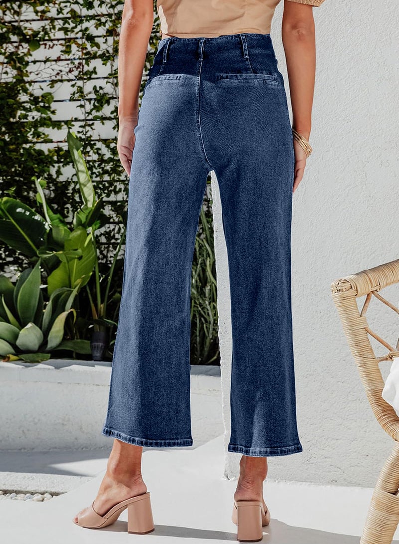 Sidefeel Women's High Waisted Jeans Wide Leg Stretchy Zimbaplatinum Straight Leg Jeans Buttoned Loose Denim Pants with Pocket Blue Size 8 - Image 3