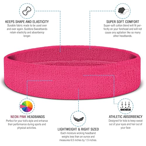 Suddora Sweatbands for Kids, Moisture Wicking 2 Wristbands and 1 Headband Set, Soft and Skin-Friendly Fabric, Moisture-Wicking Athletic Sweat Bands for Basketball, Baseball, Soccer, Neon Pink - Image 2