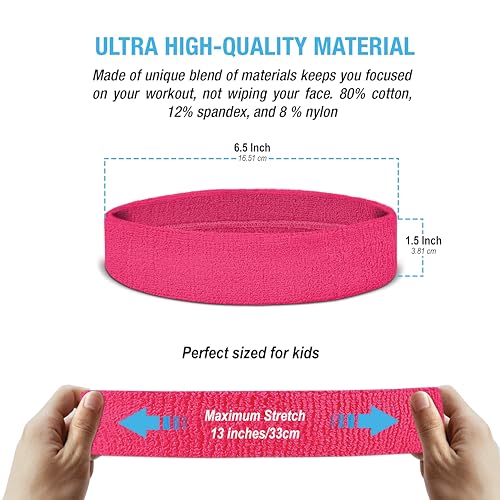 Suddora Sweatbands for Kids, Moisture Wicking 2 Wristbands and 1 Headband Set, Soft and Skin-Friendly Fabric, Moisture-Wicking Athletic Sweat Bands for Basketball, Baseball, Soccer, Neon Pink - Image 4