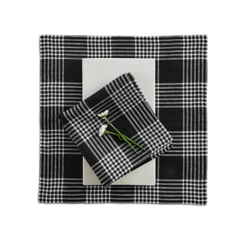 Solino Home Solino Home Linen Square Plaid Placemats Set of 4 - 100% Pure Linen Black and White Glen Check Cloth Placemats 14 x 14 Inch - Washable Fabric Table Mats  - Image 2