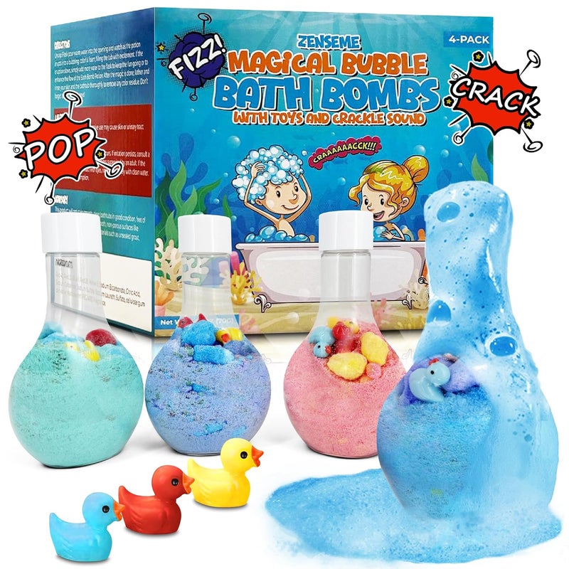 Kids Bath Bombs Powder with 12 Mini Toy Ducks Inside  Bubble Potions for Kids with Natural Essential Oils  Bubble Bath Magic Science Kit Mix  Blast of Fizzy Foamy  Eruption Colors  Gift Set of 4