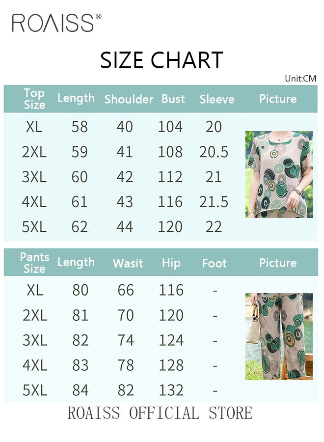 roaiss 2-Piece Women Casual Suit Square Neck Top Short Sleeves Cropped Pants Comfortable Fabric Printed Pattern Decoration Loose Straight Trousers Micro-Elastic Suitable for Daily Commuting Wear - Image 4