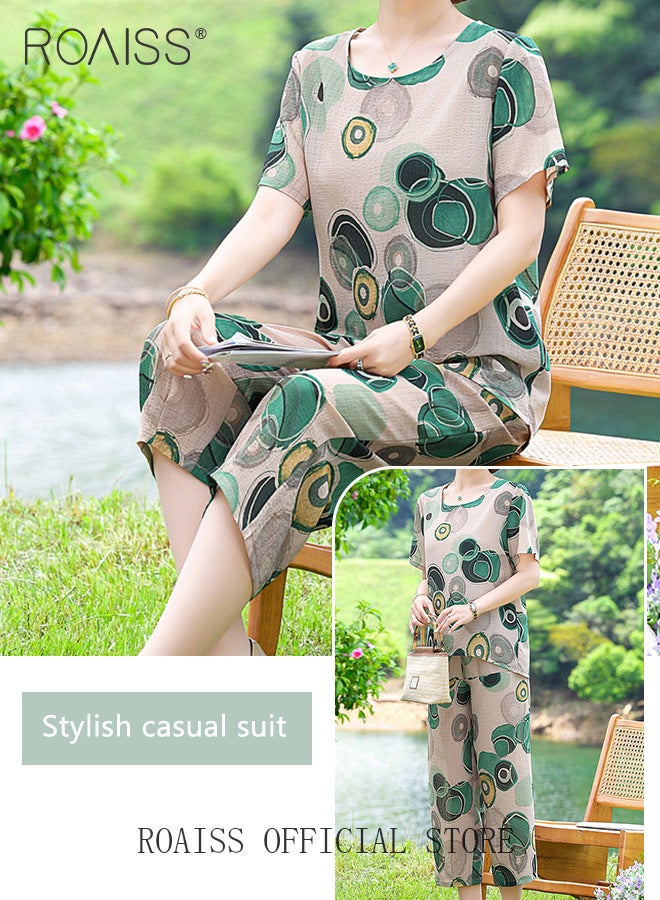 roaiss 2-Piece Women Casual Suit Square Neck Top Short Sleeves Cropped Pants Comfortable Fabric Printed Pattern Decoration Loose Straight Trousers Micro-Elastic Suitable for Daily Commuting Wear - Image 1