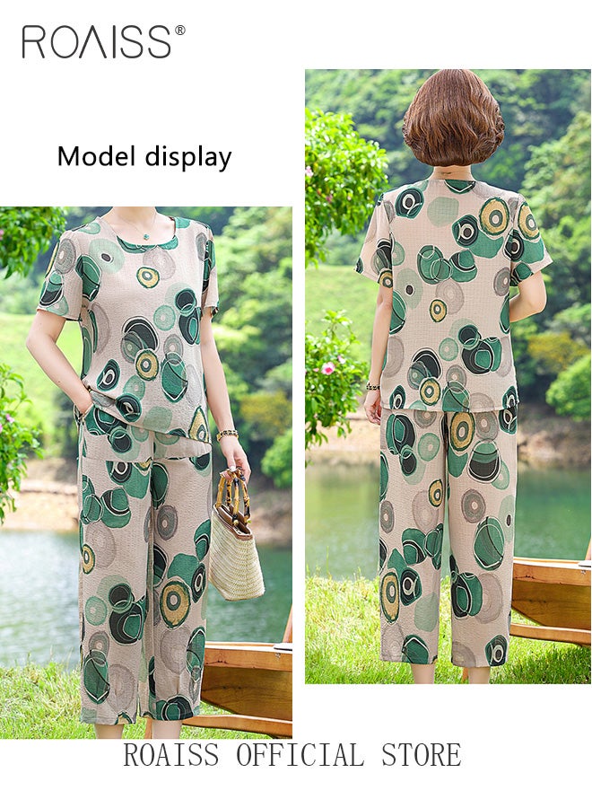 roaiss 2-Piece Women Casual Suit Square Neck Top Short Sleeves Cropped Pants Comfortable Fabric Printed Pattern Decoration Loose Straight Trousers Micro-Elastic Suitable for Daily Commuting Wear - Image 2