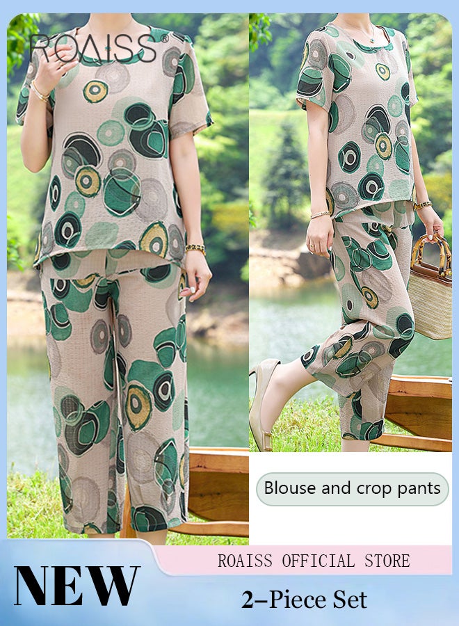 roaiss 2-Piece Women Casual Suit Square Neck Top Short Sleeves Cropped Pants Comfortable Fabric Printed Pattern Decoration Loose Straight Trousers Micro-Elastic Suitable for Daily Commuting Wear - Image 3