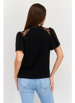 VERO MODA Women Tie Neck Short Sleeve Solid Top, Black  - Image 4