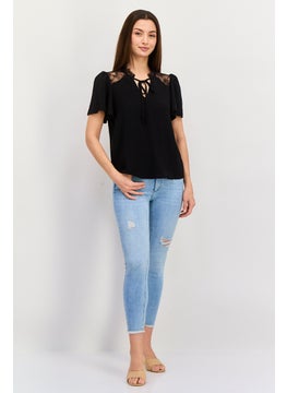 VERO MODA Women Tie Neck Short Sleeve Solid Top, Black  - Image 2