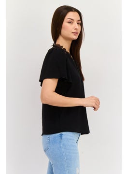 VERO MODA Women Tie Neck Short Sleeve Solid Top, Black  - Image 3