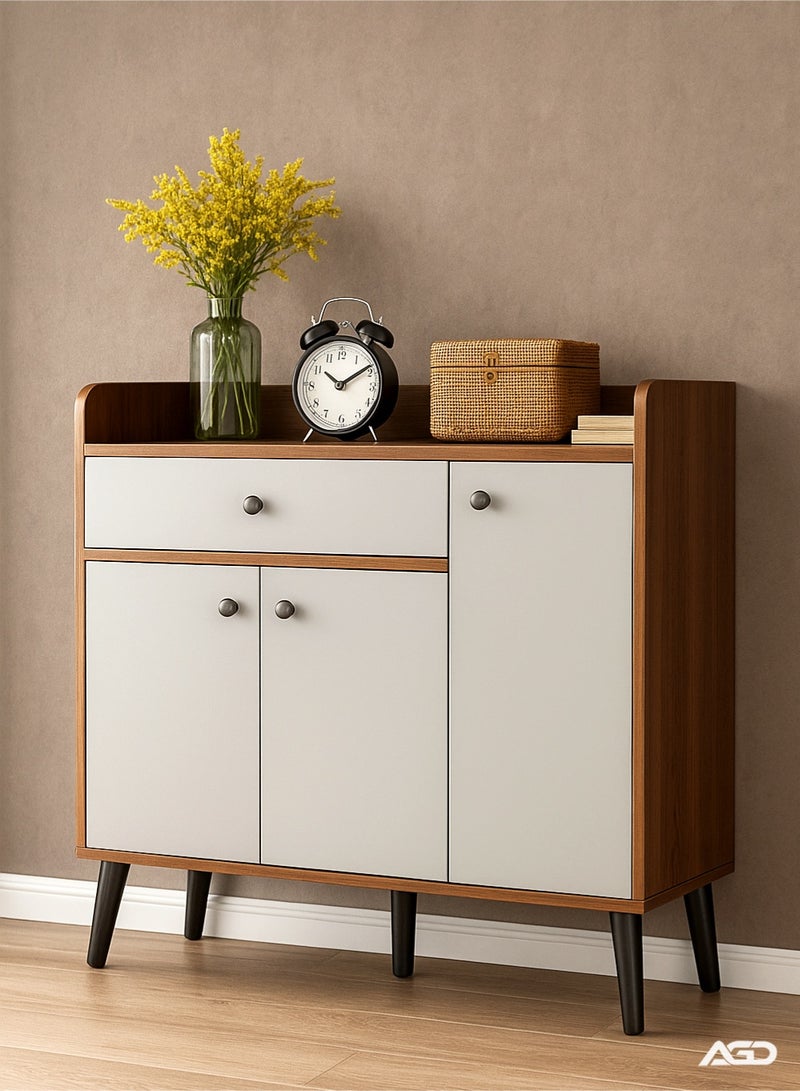 إيه جي دي خزانة أحذية خشبية، مع 3 أبواب ودرج واحد، منظم متعدد الاغراض للمدخل وغرفة النوم والمكتب (بني-ابيض) - Image 1