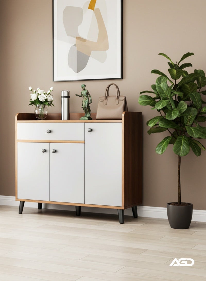 إيه جي دي خزانة أحذية خشبية، مع 3 أبواب ودرج واحد، منظم متعدد الاغراض للمدخل وغرفة النوم والمكتب (بني-ابيض) - Image 4