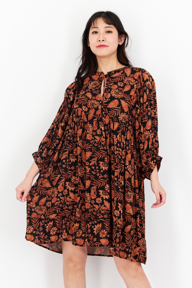 Elan Women Floral Print Mini Dress, Black - Image 1
