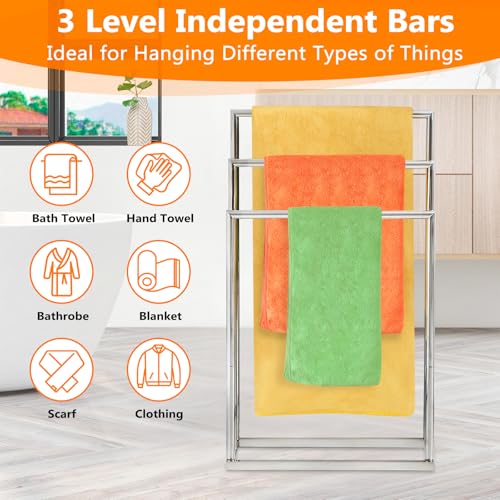 DECLUTTR Free Standing Towel Racks for Bathroom, 3 Tier Stainless Steel Bathroom Towel Rack, Towel Drying Rack Stand for Outdoor Poolside, Blanket Holder, Chrome, DECLUTTR - Image 2