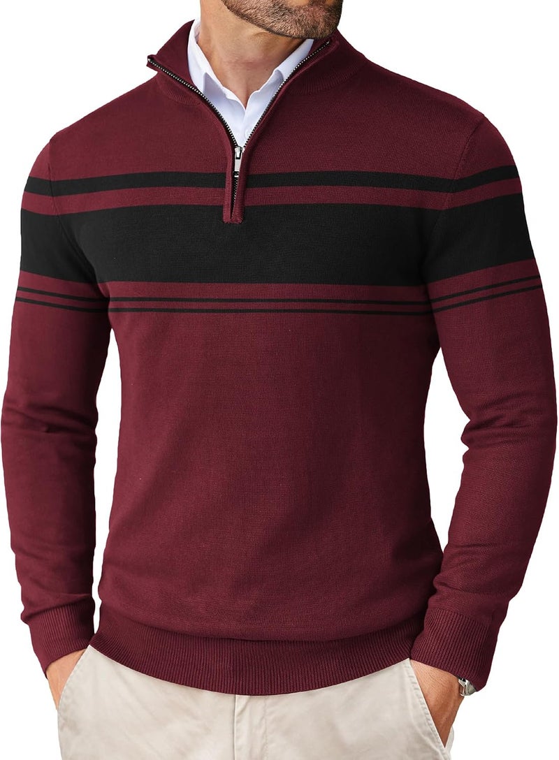 COOFANDY Men's Striped Quarter Zip Pullover Sweater - Slim Fit Lightweight Mock Neck - Image 1