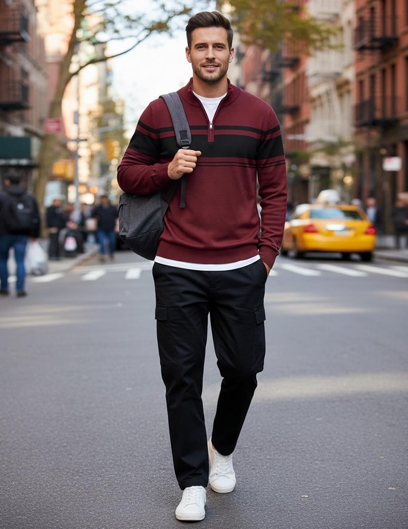 COOFANDY Men's Striped Quarter Zip Pullover Sweater - Slim Fit Lightweight Mock Neck - Image 5