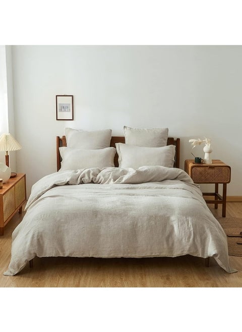 Simple&Opulence 100% Linen Duvet Cover Set with Washed-French Flax-3 Pieces Solid Color Basic Style Bedding Set-Breathable Soft Comforter Cover with 2 Pillowshams(Queen,Linen)