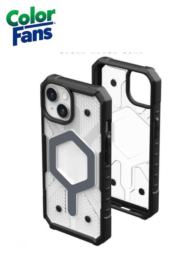 Color Fans Apple iPhone 15 Plus Case Pathfinder Built-in Built-in Magnet Compatible with Magnet Charging Rugged Transparent Dropproof Protective Cover - Clear Ice - Image 1