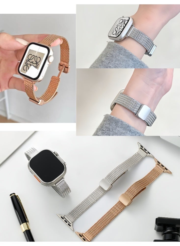 For Apple Watch Magnetic Metal Strap, (Strap Only, Watch Not Included), 2-Pack - silver band + gold band Men's and Women's Thin Watch Strap iWatch Series10 9 8 7 6 5 4 3 2 1Compatible with Apple Watch Band 38mm 40mm 41mm 42mm - Image 1