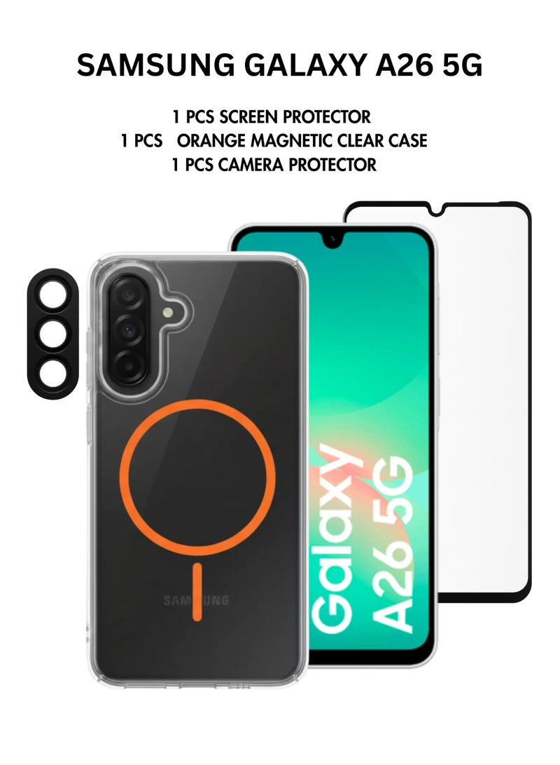 3 In 1 Pack Samsung Galaxy A26,1 Pcs Orange Magnetic Anti Shock Proof Clear Cover,1 Pcs Screen Protector Glass,1 Pcs Camera Protector - Image 1