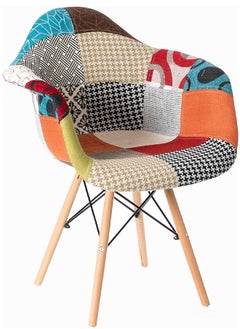 Taimi Multicolored dining chair with a modern design upholstered in plastic fabric in a midcentury style with wooden legs  - Image 2