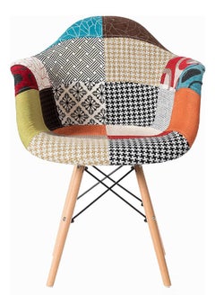 Taimi Multicolored dining chair with a modern design upholstered in plastic fabric in a midcentury style with wooden legs  - Image 5