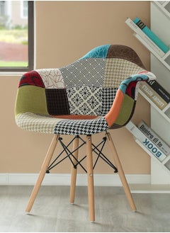 Taimi Multicolored dining chair with a modern design upholstered in plastic fabric in a midcentury style with wooden legs  - Image 3