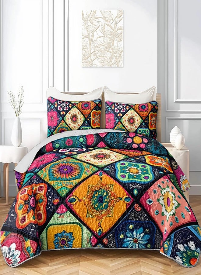 HOSIMA Bohemia Style King Size Quilt Set for Adults,Different Colorful Boho Pattern Lightweight Quilt,Soft Plaid Patchwork Boho Floral Bedding for Bedroom Decor with 2 Pillowcases. - Image 1