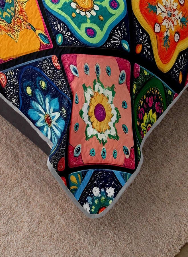 HOSIMA Bohemia Style King Size Quilt Set for Adults,Different Colorful Boho Pattern Lightweight Quilt,Soft Plaid Patchwork Boho Floral Bedding for Bedroom Decor with 2 Pillowcases. - Image 4