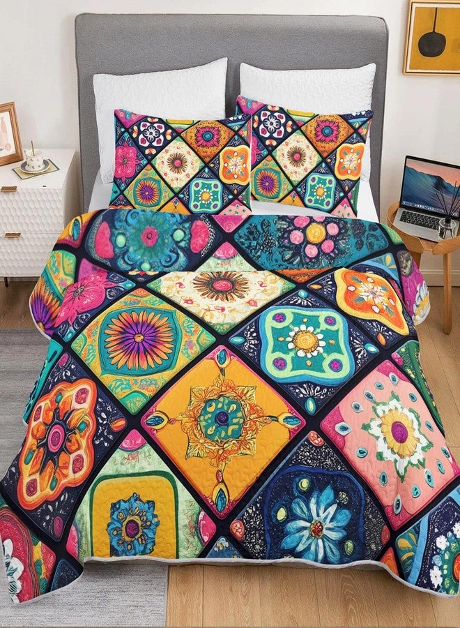 HOSIMA Bohemia Style King Size Quilt Set for Adults,Different Colorful Boho Pattern Lightweight Quilt,Soft Plaid Patchwork Boho Floral Bedding for Bedroom Decor with 2 Pillowcases. - Image 3