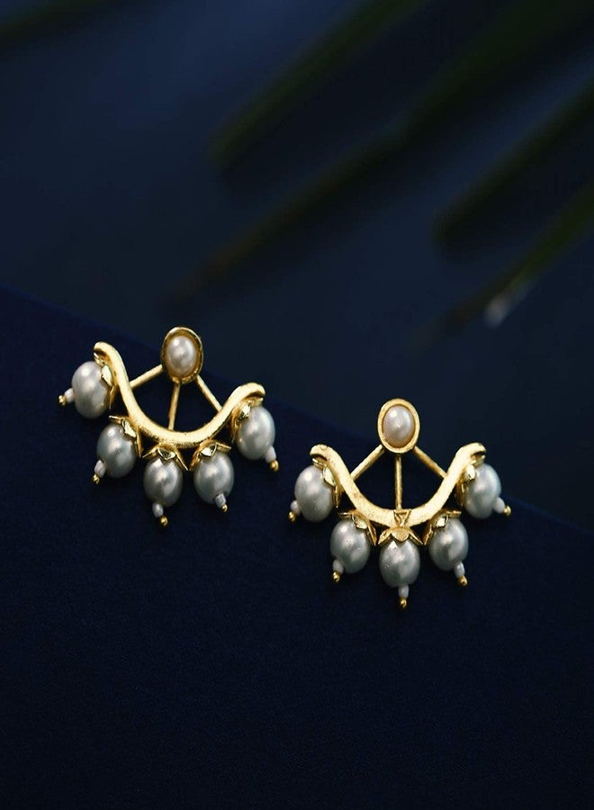 Voylla Brass Yellow Gold Plated Blooming Pearl Beads Stud Earrings for Women and Girls - Image 2