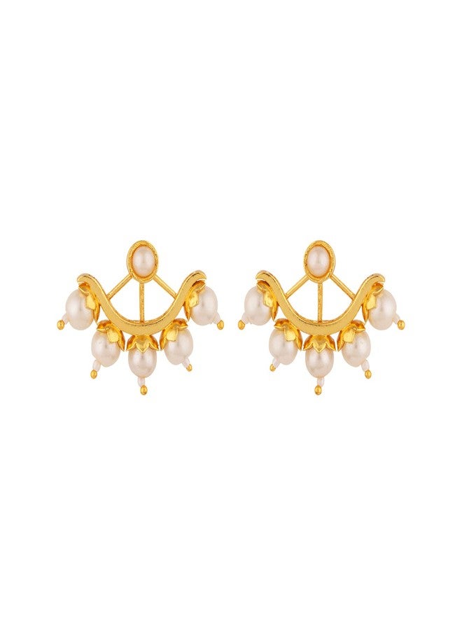 Voylla Brass Yellow Gold Plated Blooming Pearl Beads Stud Earrings for Women and Girls - Image 1