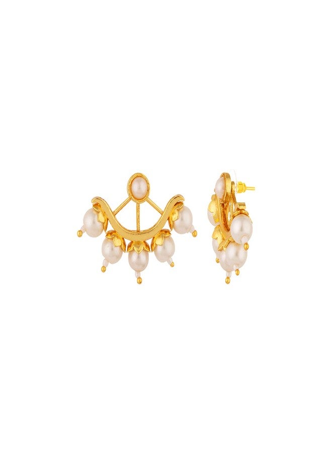 Voylla Brass Yellow Gold Plated Blooming Pearl Beads Stud Earrings for Women and Girls - Image 3