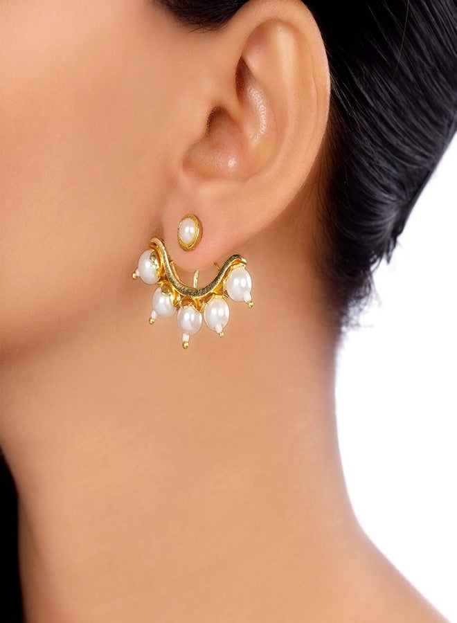 Voylla Brass Yellow Gold Plated Blooming Pearl Beads Stud Earrings for Women and Girls - Image 5
