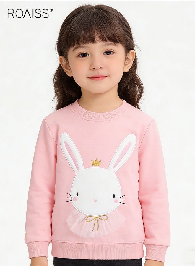 رويس بلوزة أنيقة للفتيات الصغيرات، بلوزة برقبة مستديرة وأكمام طويلة بنقشة أرنب، تي شيرت مريح وجميل للفتيات، مناسب للارتداء اليومي أو أي مناسبة - Image 1