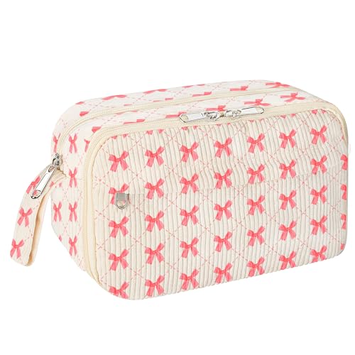WOBAGMEN Cute Pencil Case for Girls,Large Corduroy Zippered Pencil Case Pouch, aesthetic Pencil Bag with Compartments, Soft Pencil Pouch School Supplies for Teen Girls Boys and Women(pink bow) - Image 1