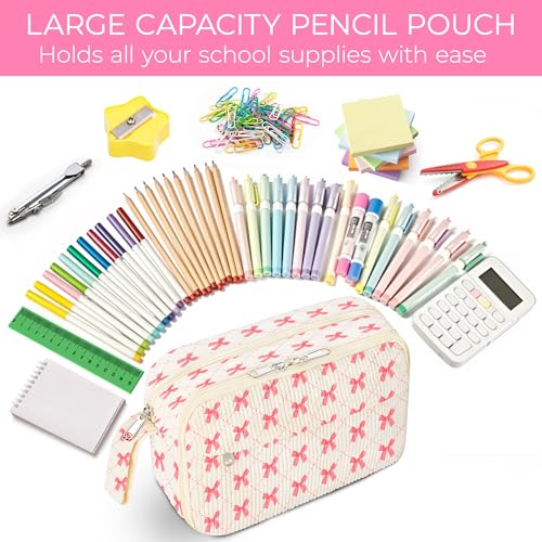 WOBAGMEN Cute Pencil Case for Girls,Large Corduroy Zippered Pencil Case Pouch, aesthetic Pencil Bag with Compartments, Soft Pencil Pouch School Supplies for Teen Girls Boys and Women(pink bow) - Image 5